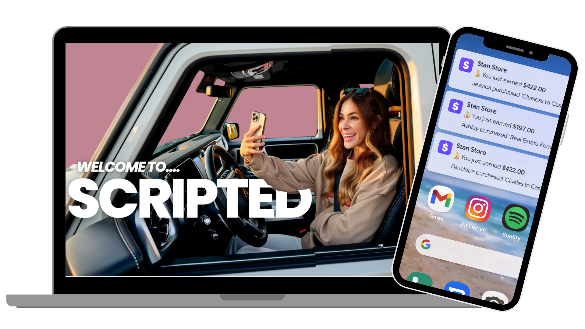 Scripted course shown on laptop and phone with Stan Store sales notifications